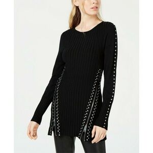 Bar III Black Sweater/Tunic Studded with Zippers, Size Medium